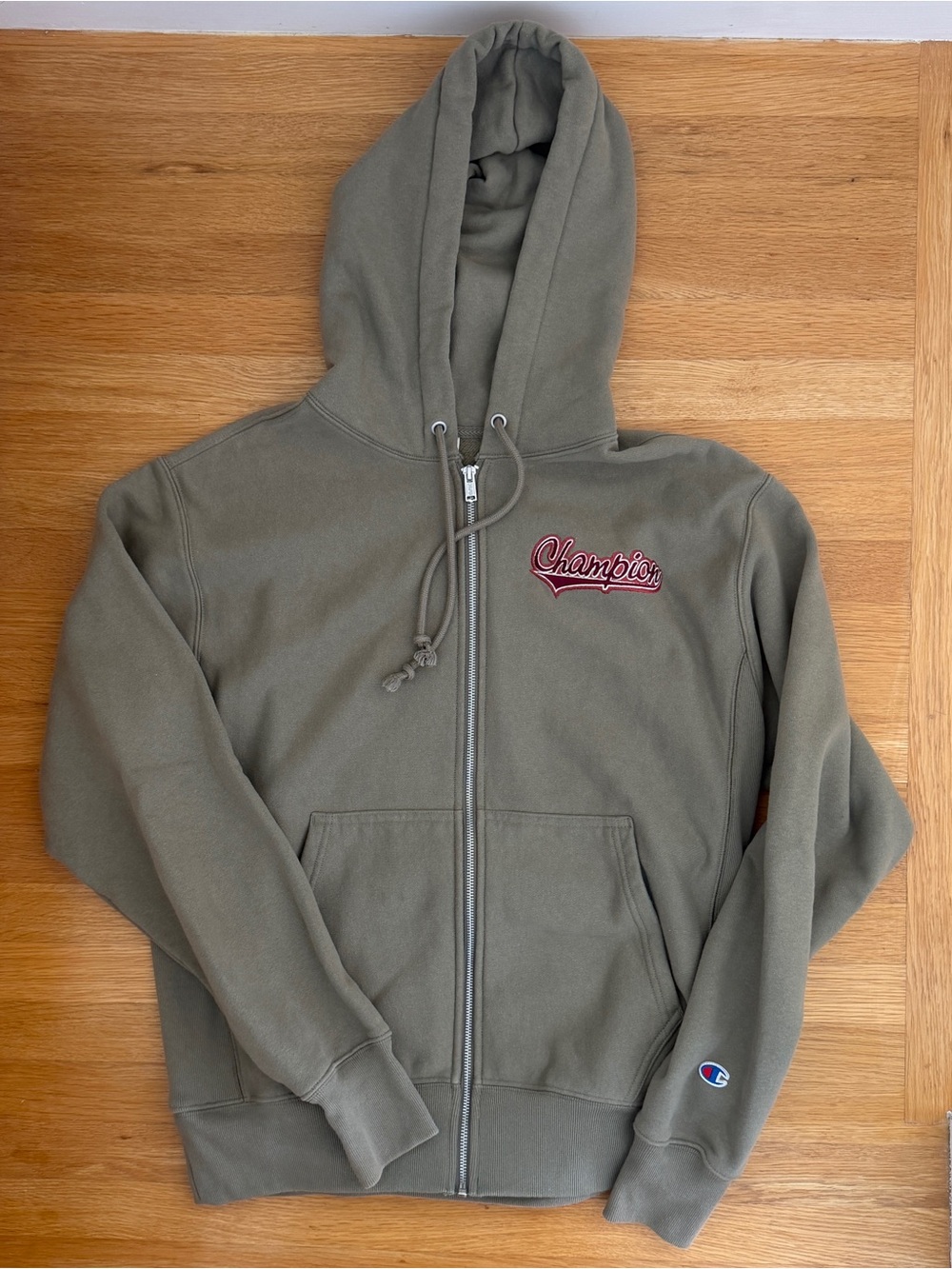 Champion Olive Green Full-Zip Hoodie with Red Script Logo